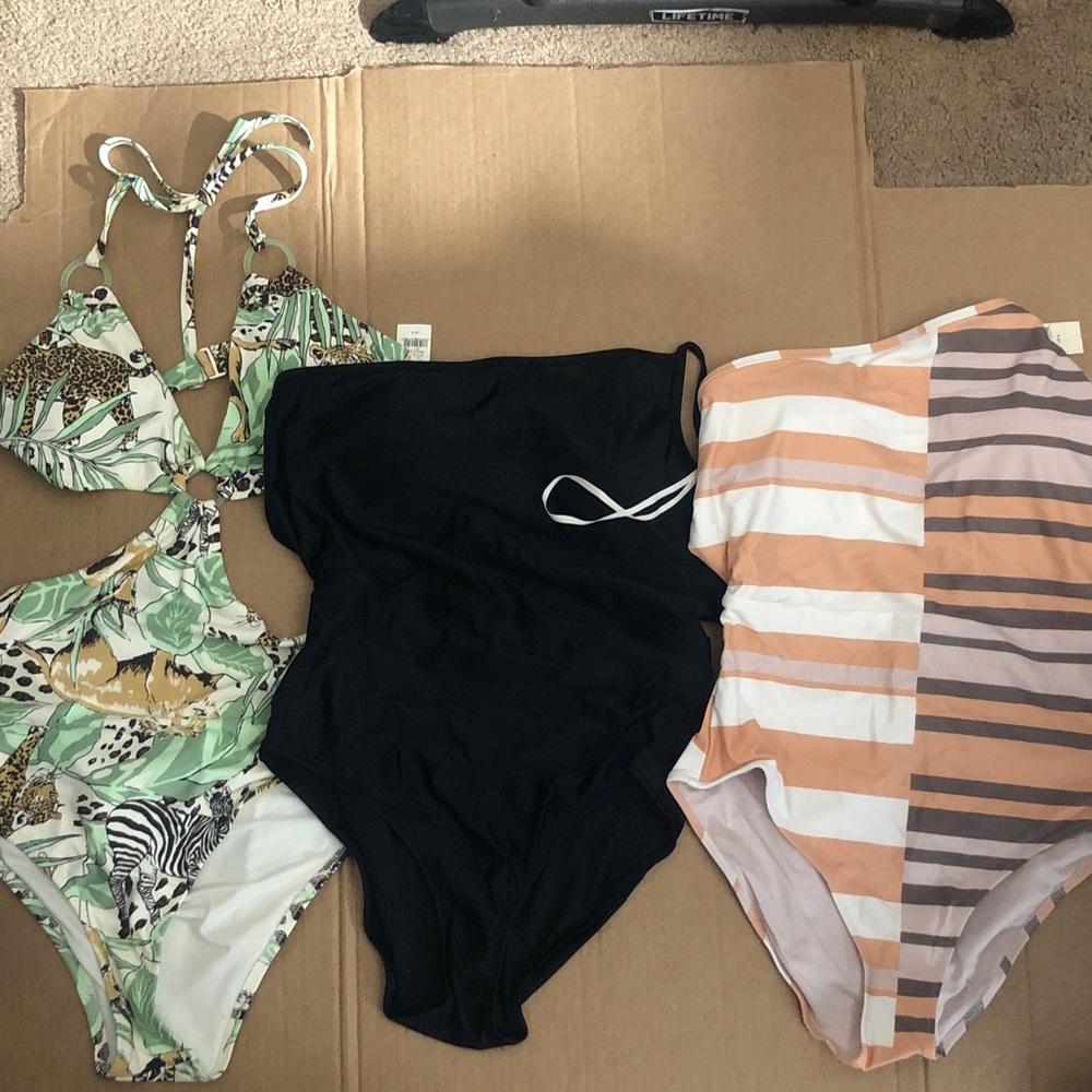 aerie One-Piece Swimsuit Black, Peach Stripe, Green Tropical